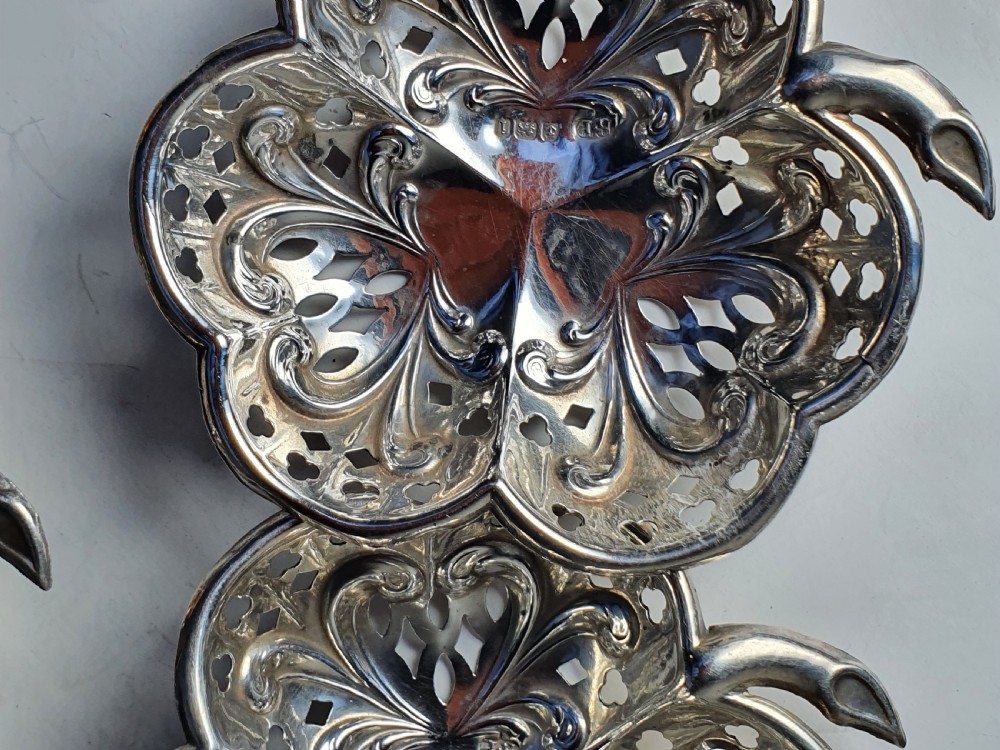 Exquisite Antique of Set 4 x HM Sterling Silver Shamrock Dishes View IV