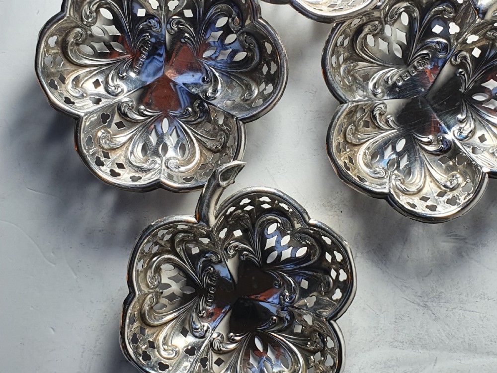Exquisite Antique of Set 4 x HM Sterling Silver Shamrock Dishes View VI