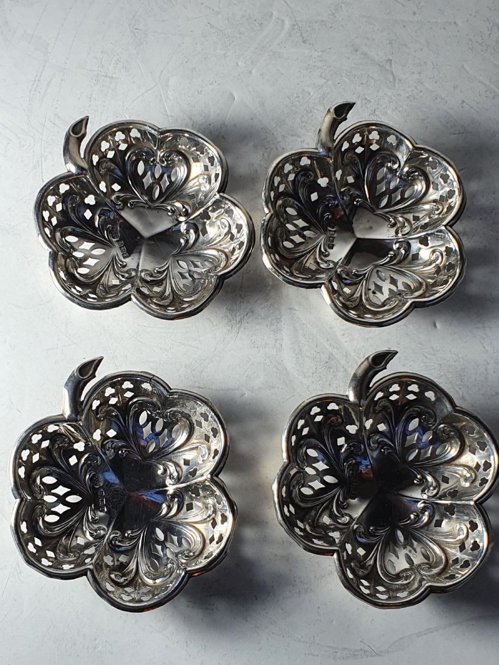 Exquisite Antique of Set 4 x HM Sterling Silver Shamrock Dishes View VII