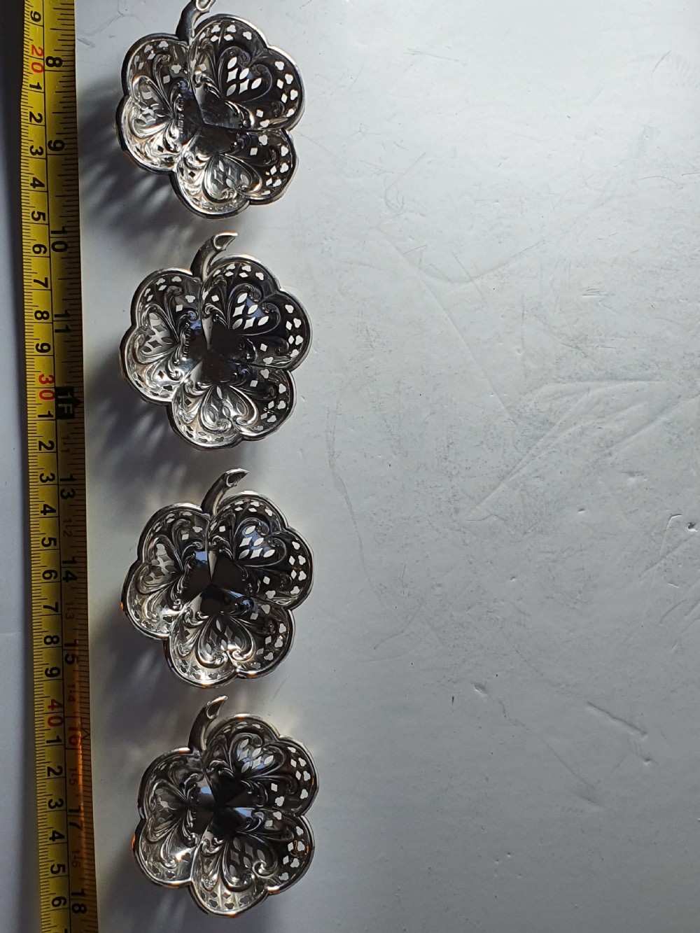 Exquisite Antique of Set 4 x HM Sterling Silver Shamrock Dishes View VIII