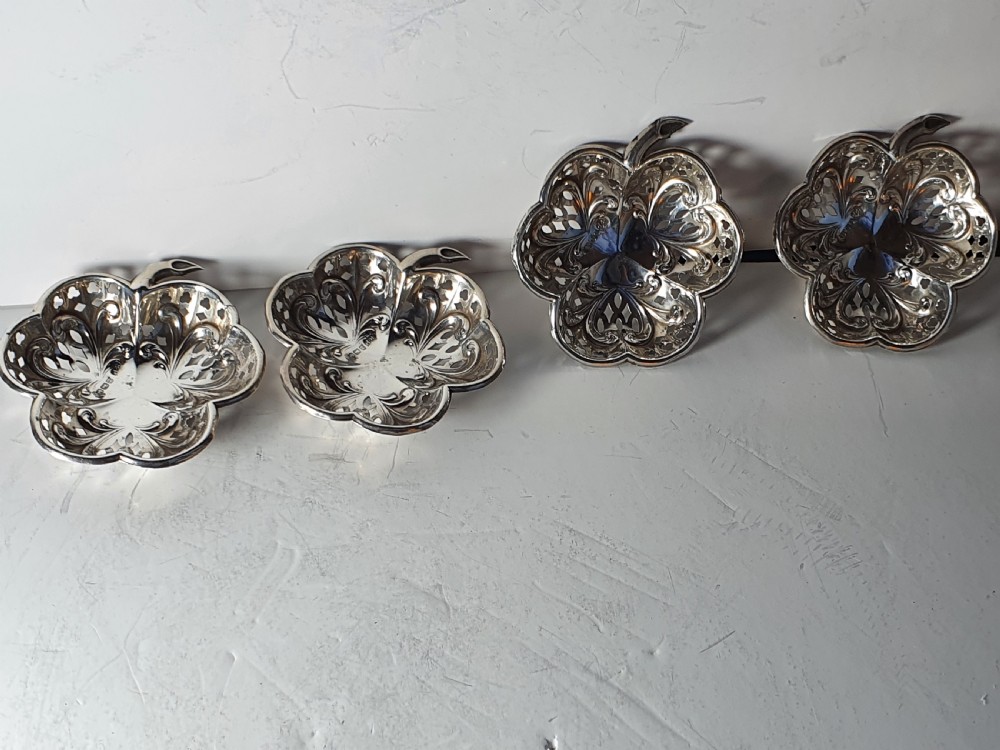 Exquisite Antique of Set 4 x HM Sterling Silver Shamrock Dishes View IX