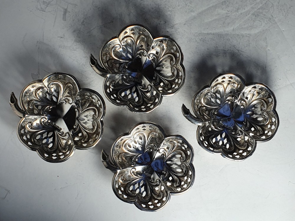 Exquisite Antique of Set 4 x HM Sterling Silver Shamrock Dishes View X