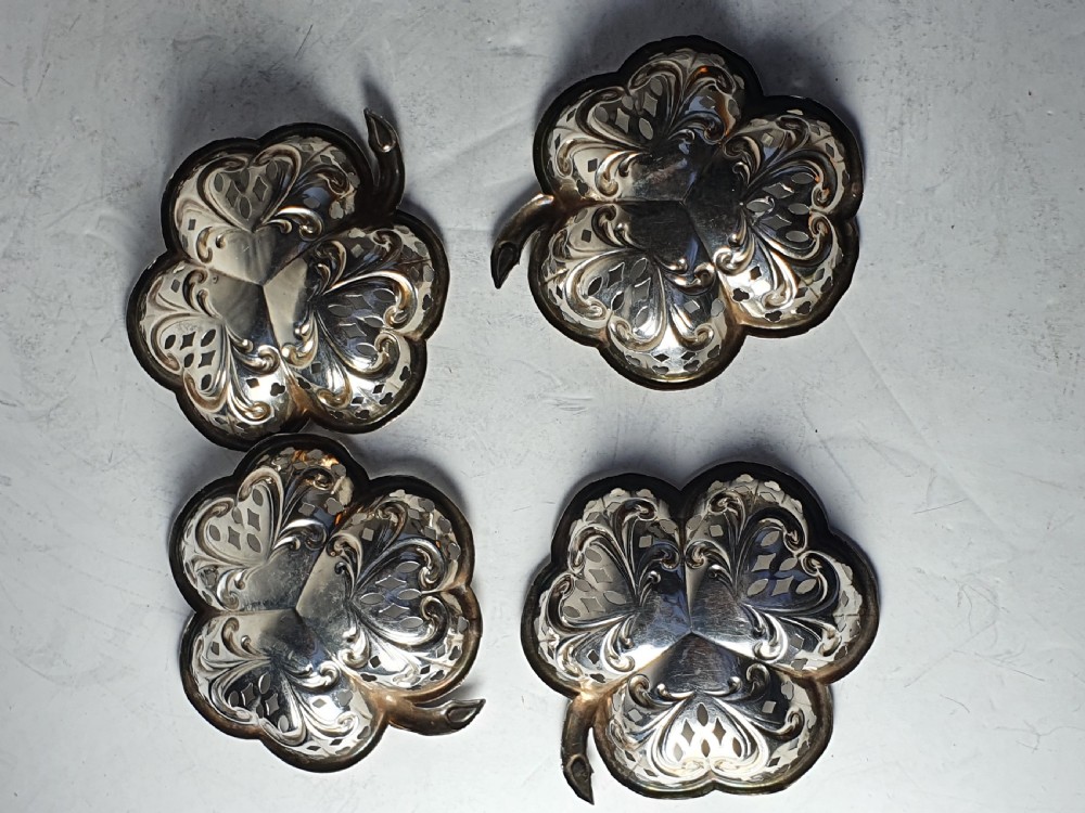 Exquisite Antique of Set 4 x HM Sterling Silver Shamrock Dishes View XI