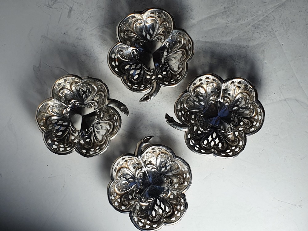 Exquisite Antique of Set 4 x HM Sterling Silver Shamrock Dishes