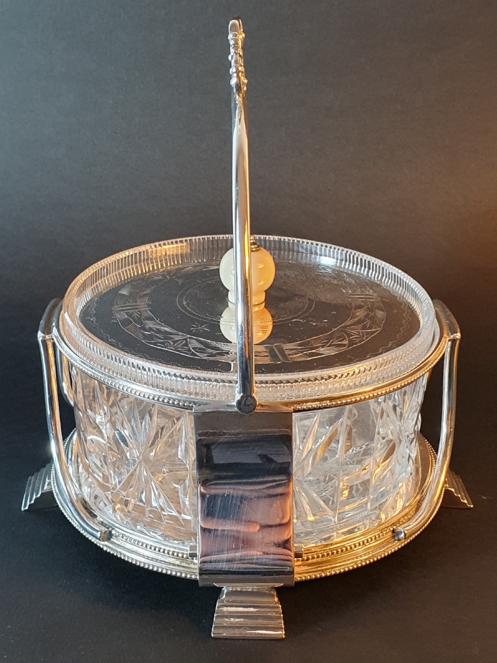Stunning Art Deco Silver Plated & Cut Glass Large Preserve Dish c1920 View III