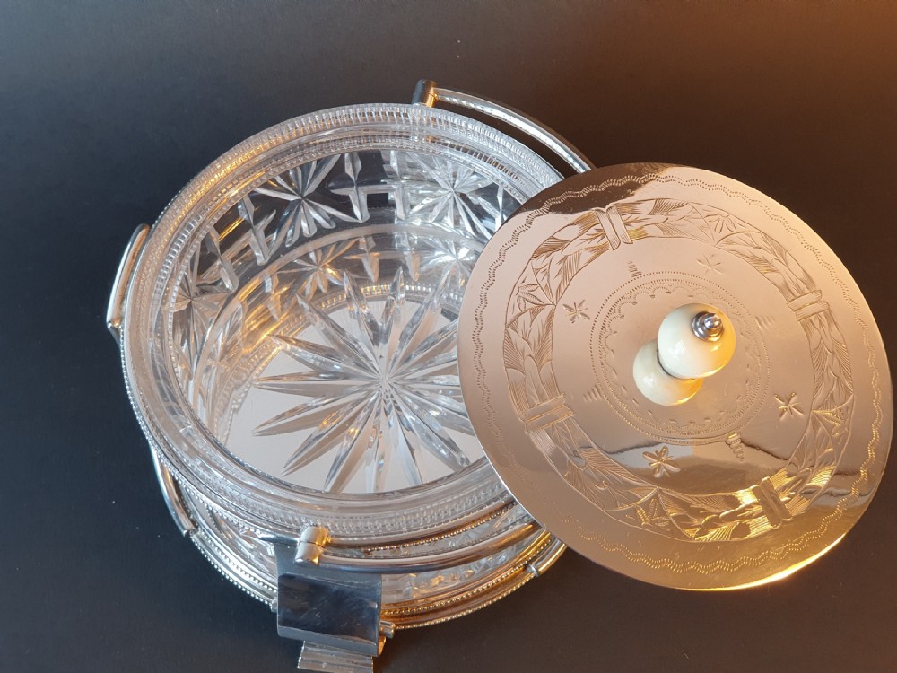Stunning Art Deco Silver Plated & Cut Glass Large Preserve Dish c1920 View XI