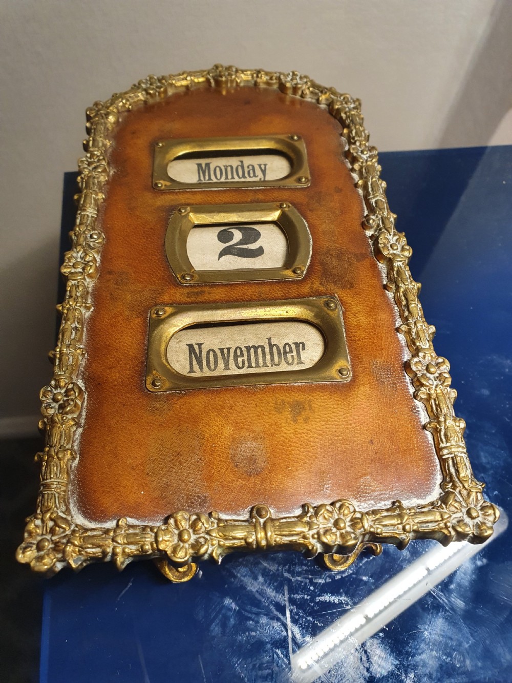 Gorgeous  French Art Nouveau Leather Gilt Brass Desk Calendar c1900 View V