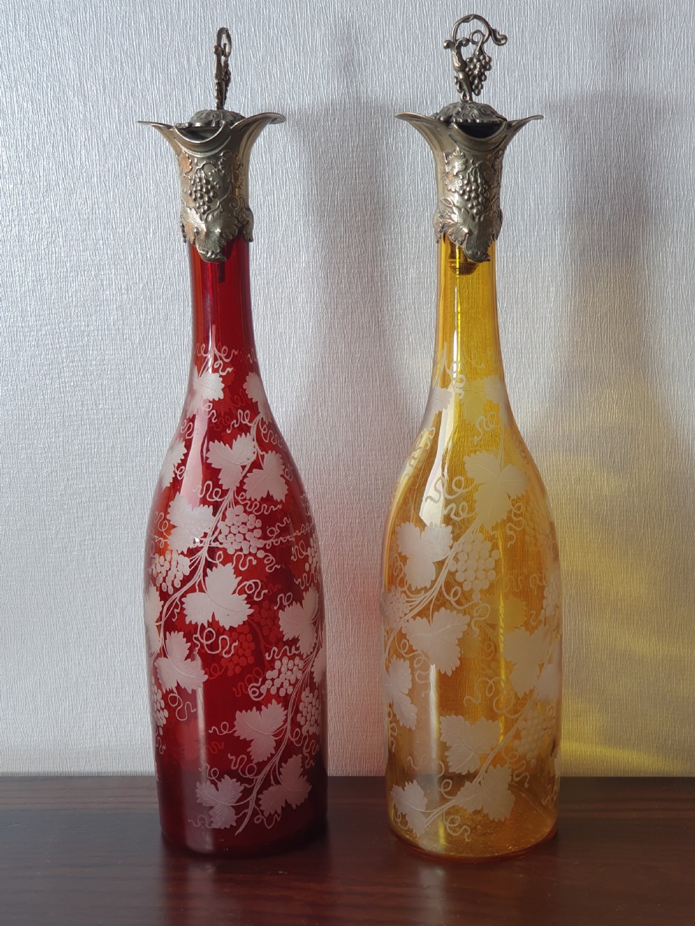 Stunning Pair of Late 19thc Bohemian Coloured Engraved Glass Decanters