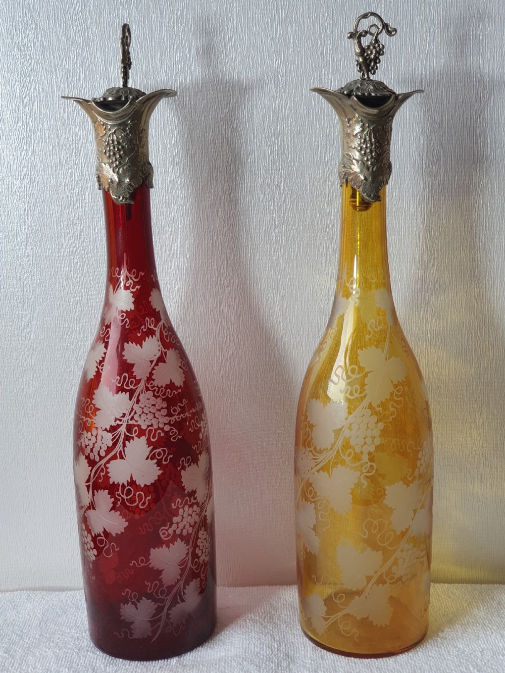 Stunning Pair of Late 19thc Bohemian Coloured Engraved Glass Decanters View II