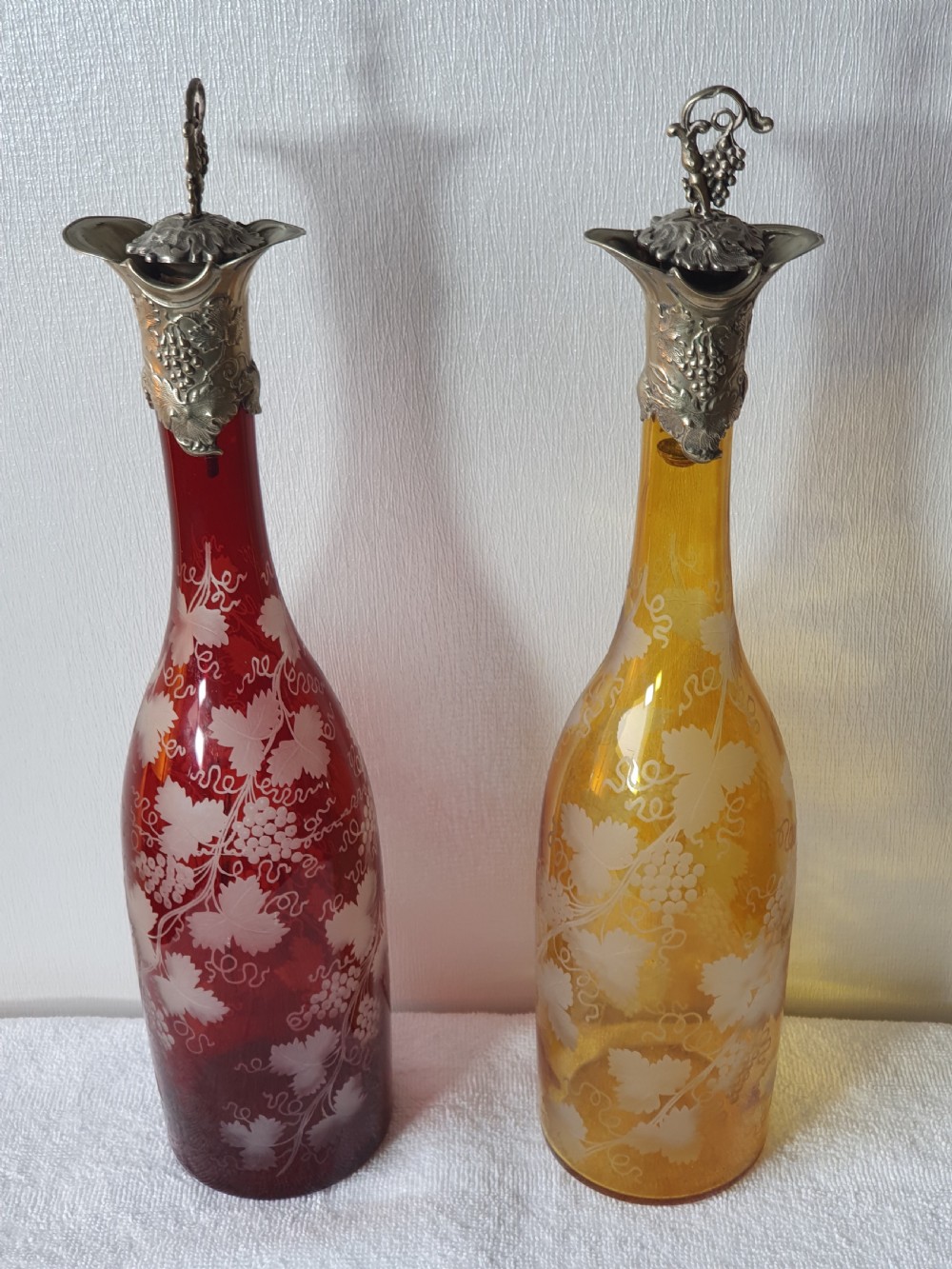 Stunning Pair of Late 19thc Bohemian Coloured Engraved Glass Decanters View III