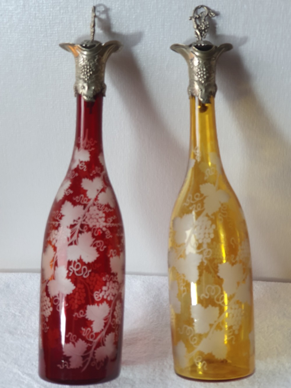 Stunning Pair of Late 19thc Bohemian Coloured Engraved Glass Decanters View IV