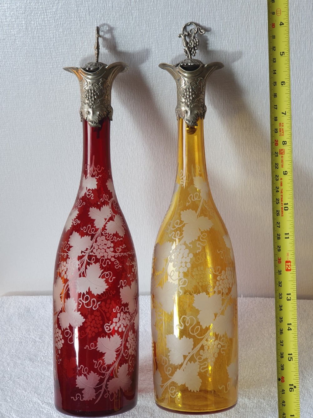 Stunning Pair of Late 19thc Bohemian Coloured Engraved Glass Decanters View V