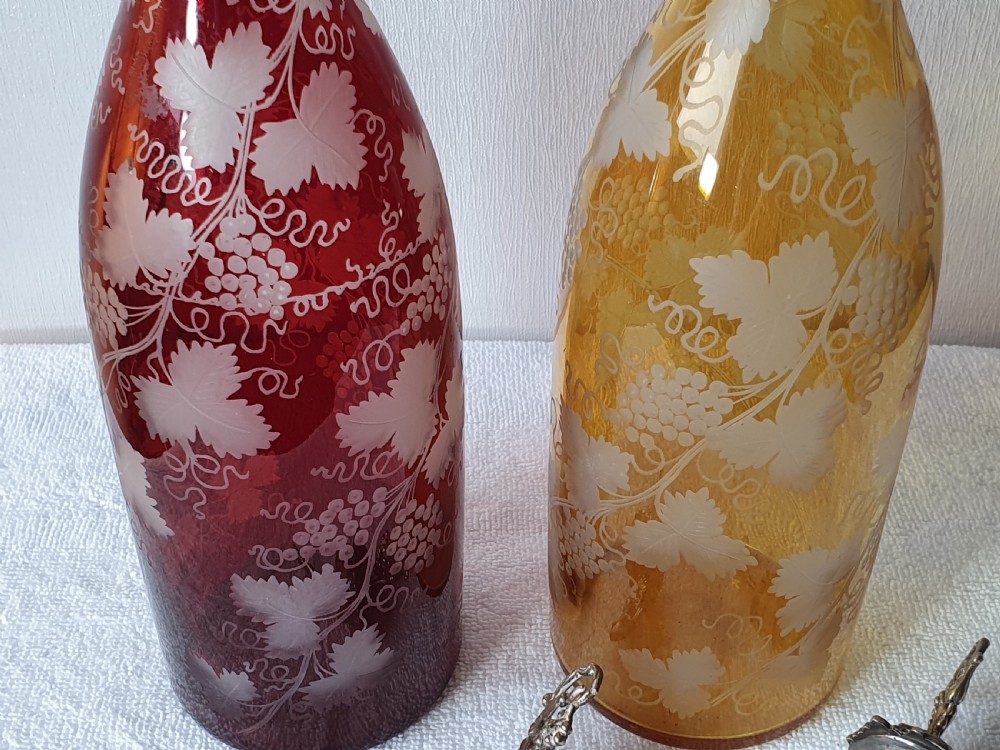 Stunning Pair of Late 19thc Bohemian Coloured Engraved Glass Decanters View VII