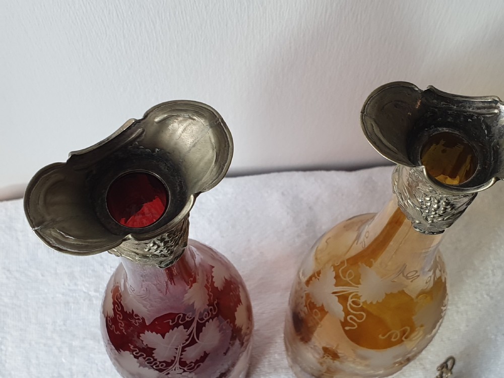 Stunning Pair of Late 19thc Bohemian Coloured Engraved Glass Decanters View VIII