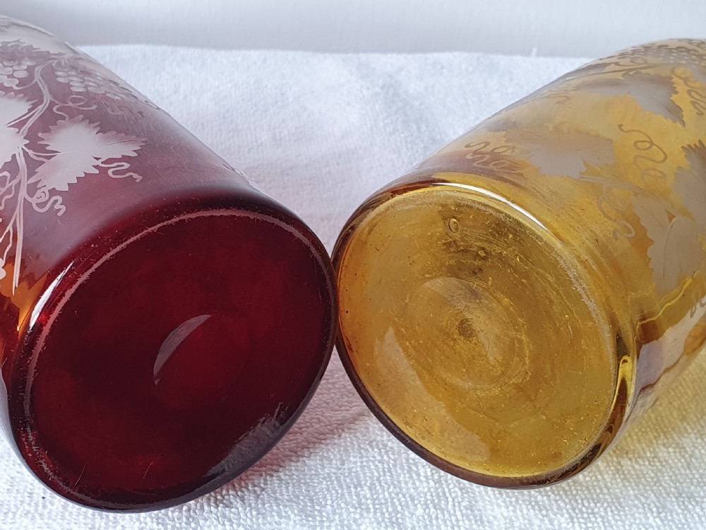 Stunning Pair of Late 19thc Bohemian Coloured Engraved Glass Decanters View X