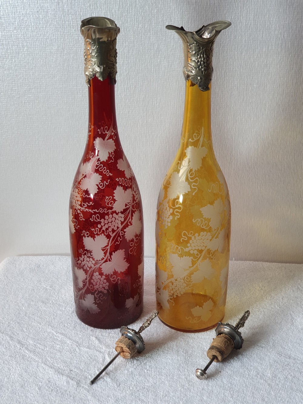 Stunning Pair of Late 19thc Bohemian Coloured Engraved Glass Decanters View XIII
