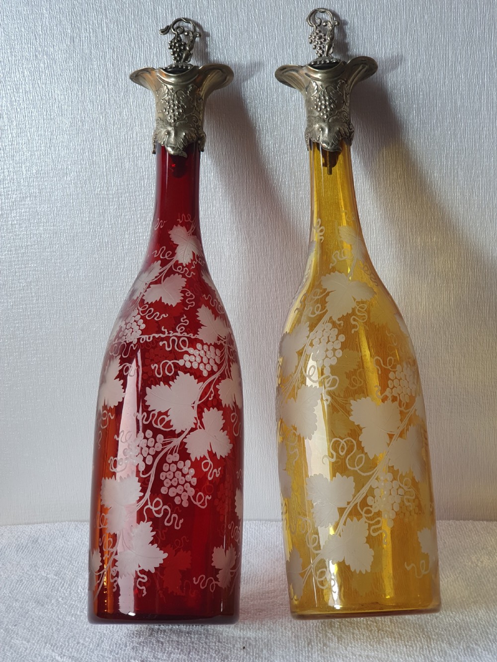 Stunning Pair of Late 19thc Bohemian Coloured Engraved Glass Decanters View XIV