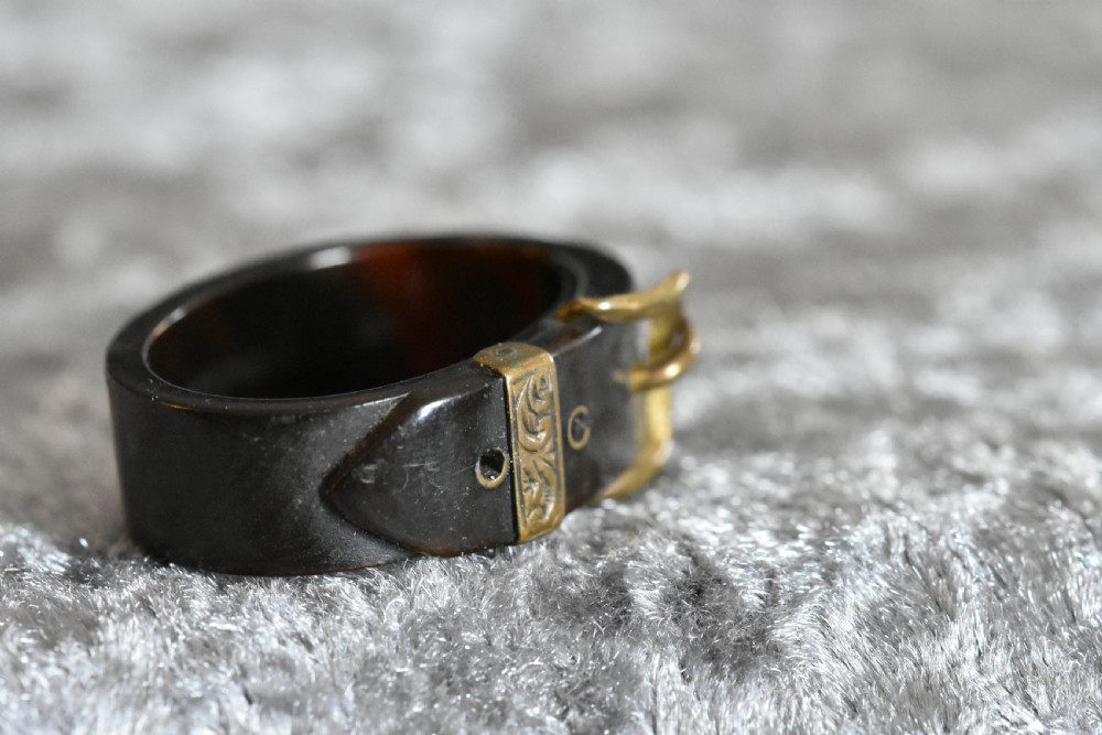 Rare Antique Tortoiseshell & Brass Scarf Toggle Formed as a Belt & Buckle c1880
