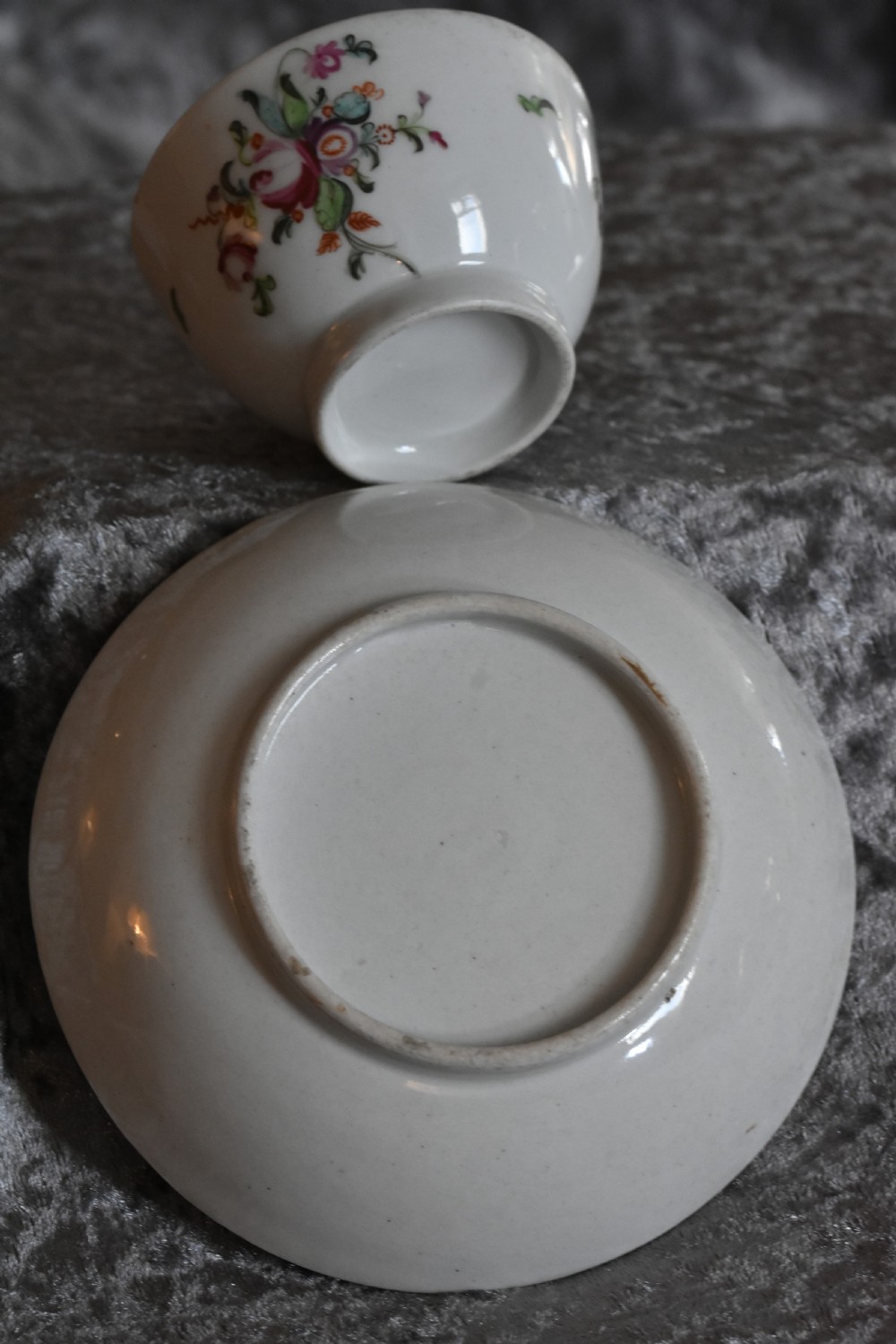 English 18th Century Tea Bowl & Saucer Florally Painted Design View VII