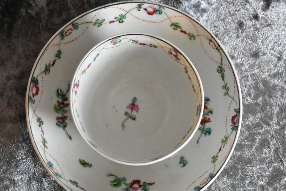 English 18th Century Tea Bowl & Saucer Florally Painted Design View IX