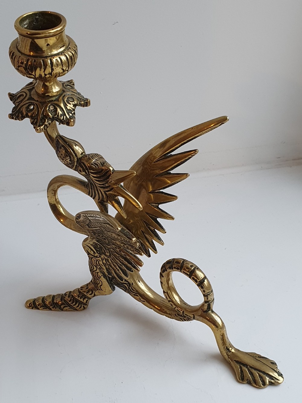 Delightful Victorian  Brass  Griffin Chamberstick c1890 View IV