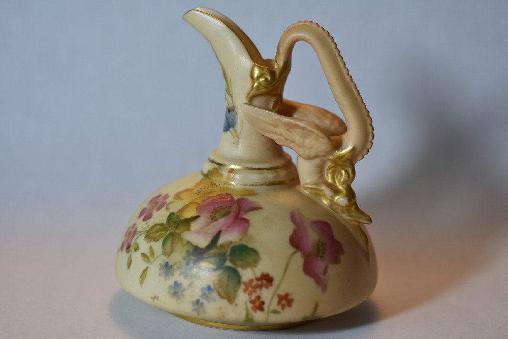 Unusual Royal Worcester Hand Painted Blush Ivory Jug with Dragon Handle c1906