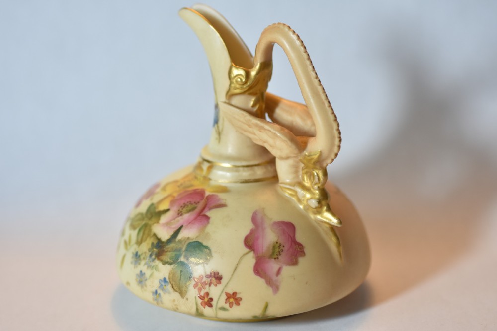 Unusual Royal Worcester Hand Painted Blush Ivory Jug with Dragon Handle c1906 View IX