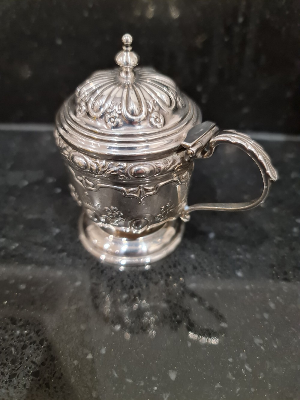 Fine Quality HM Silver Mustard Pot of excellent detail London 1899. View II