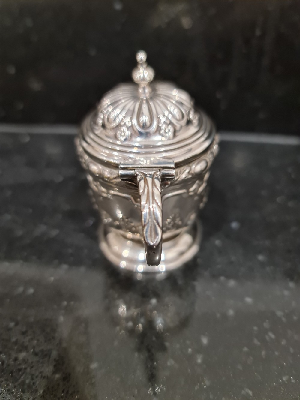 Fine Quality HM Silver Mustard Pot of excellent detail London 1899. View III