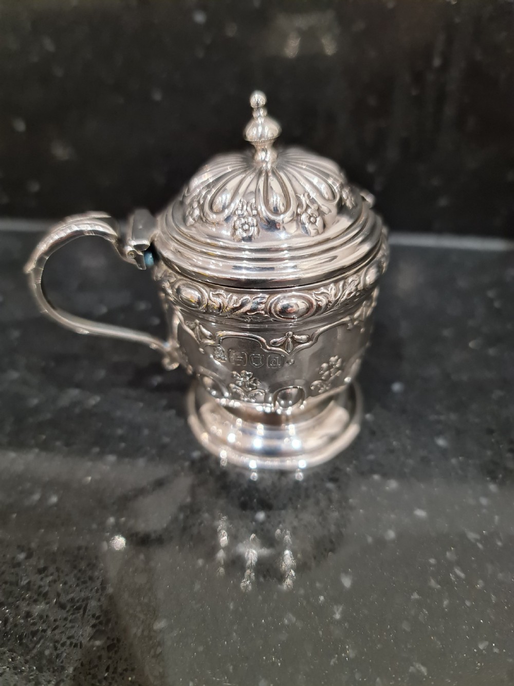 Fine Quality HM Silver Mustard Pot of excellent detail London 1899. View IV