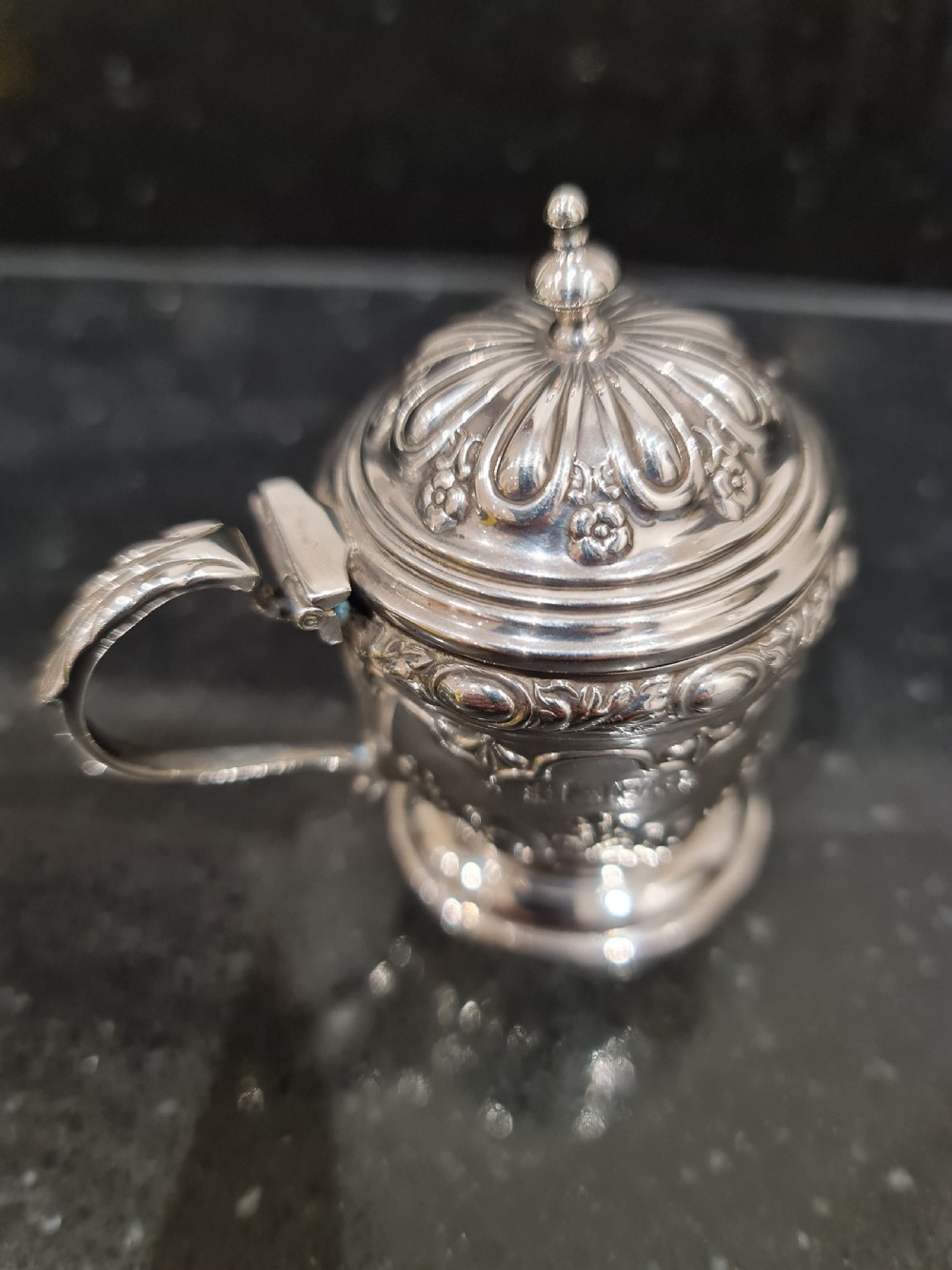 Fine Quality HM Silver Mustard Pot of excellent detail London 1899. View VIII