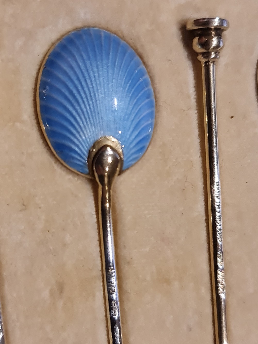 Exceptional Quality HM Silver Gilt & Guilloche Enamel Coffee Spoons View X