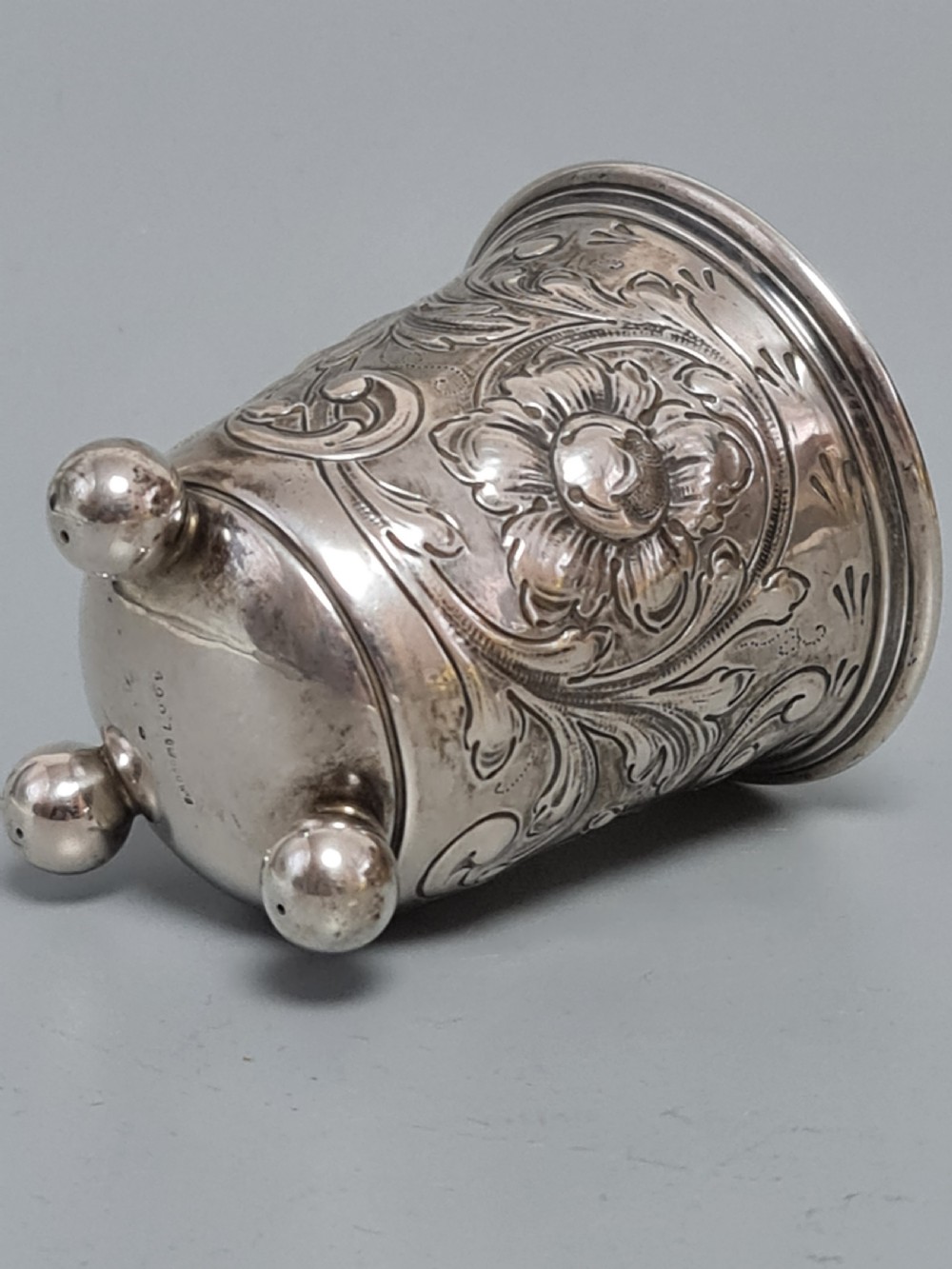 Delightful Late 19thc German Chased Silver Peg Beaker on Ball Feet View V