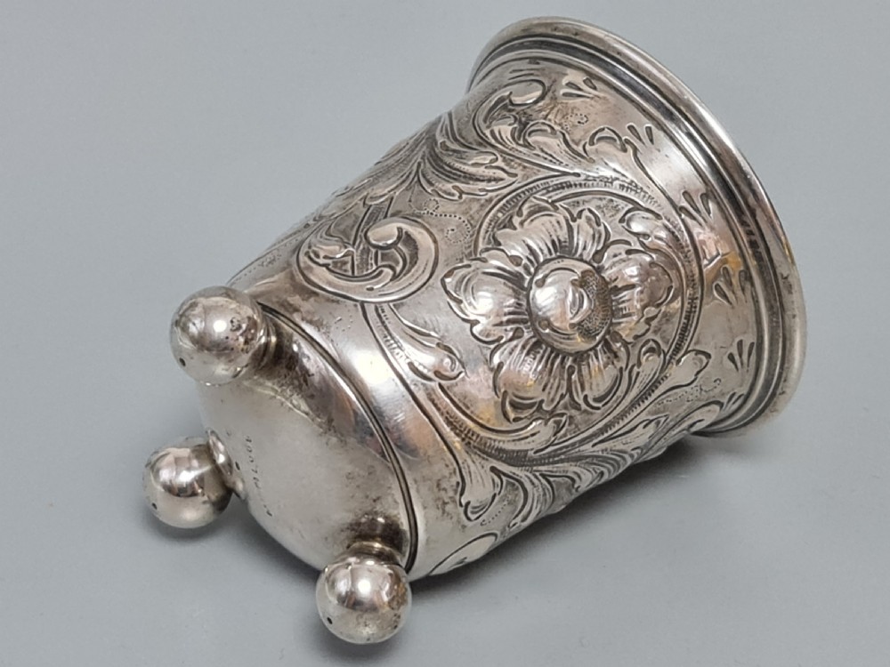 Delightful Late 19thc German Chased Silver Peg Beaker on Ball Feet View VI