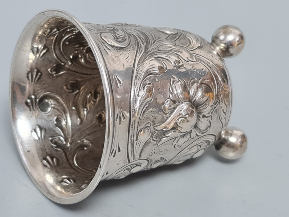 Delightful Late 19thc German Chased Silver Peg Beaker on Ball Feet View VII