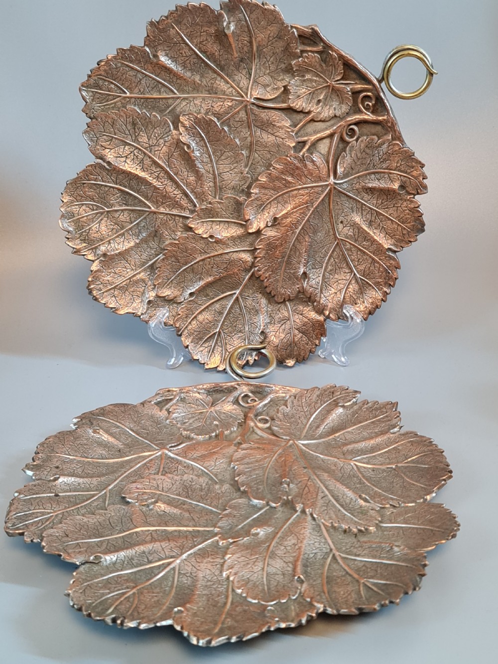 Fabulous Pair of Arts & Crafts Large Copper & Brass Leaf Dishes View IX