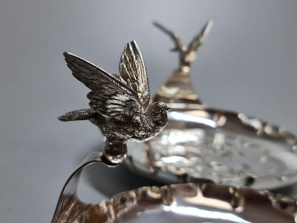 Exceptional Pr Silver Plated Art Nouveau Serving Dishes with Bird Handles c1900 View IV