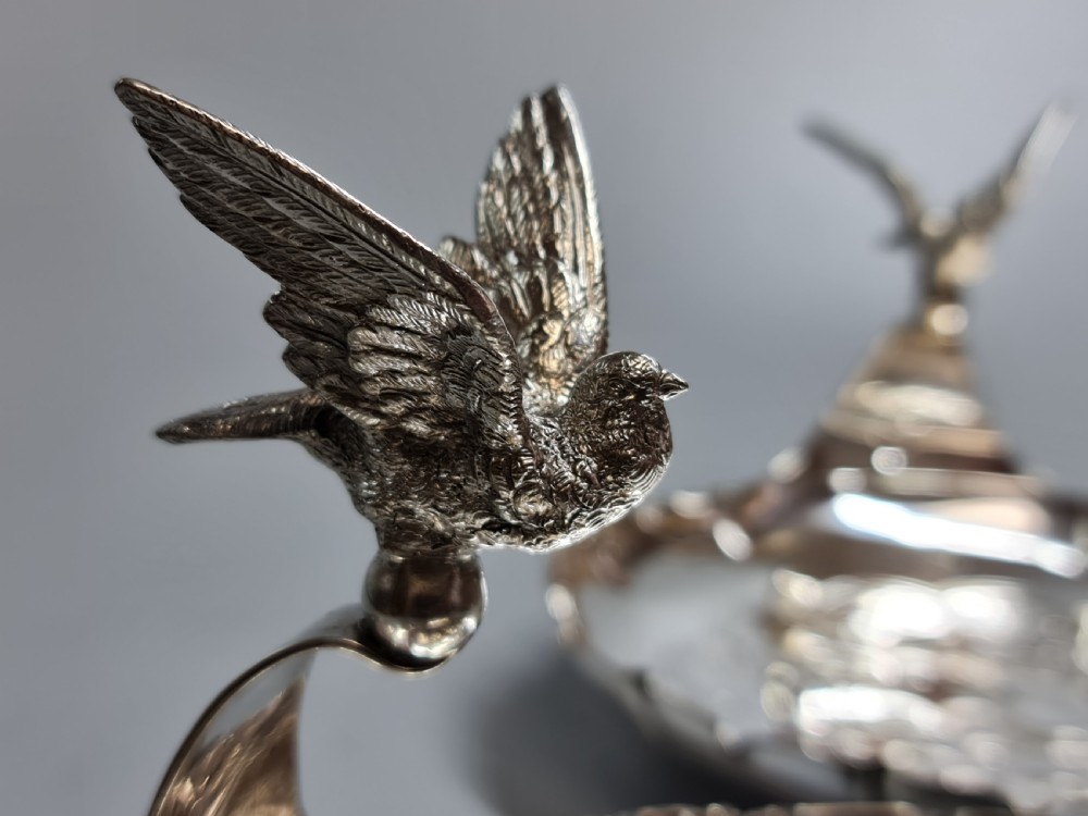 Exceptional Pr Silver Plated Art Nouveau Serving Dishes with Bird Handles c1900 View V