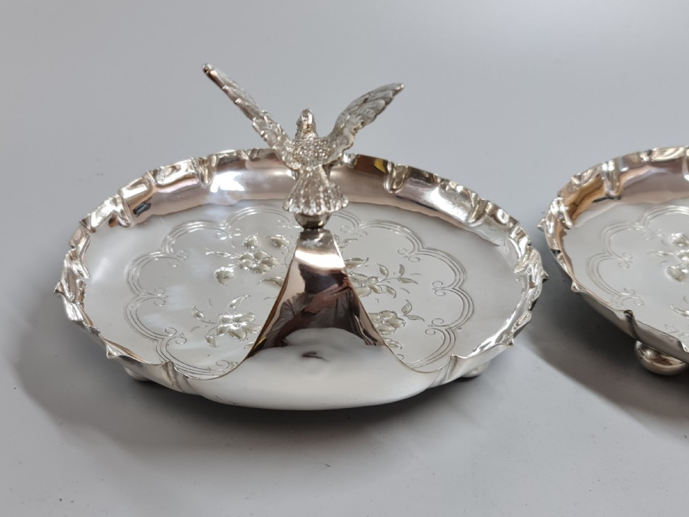 Exceptional Pr Silver Plated Art Nouveau Serving Dishes with Bird Handles c1900 View VI