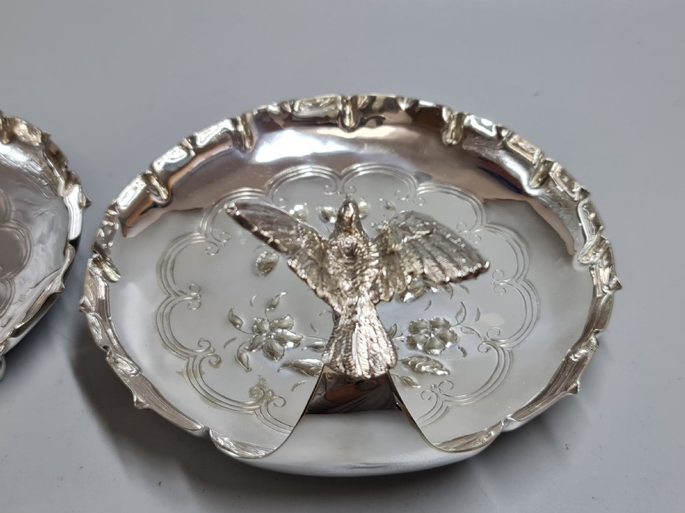 Exceptional Pr Silver Plated Art Nouveau Serving Dishes with Bird Handles c1900 View VII