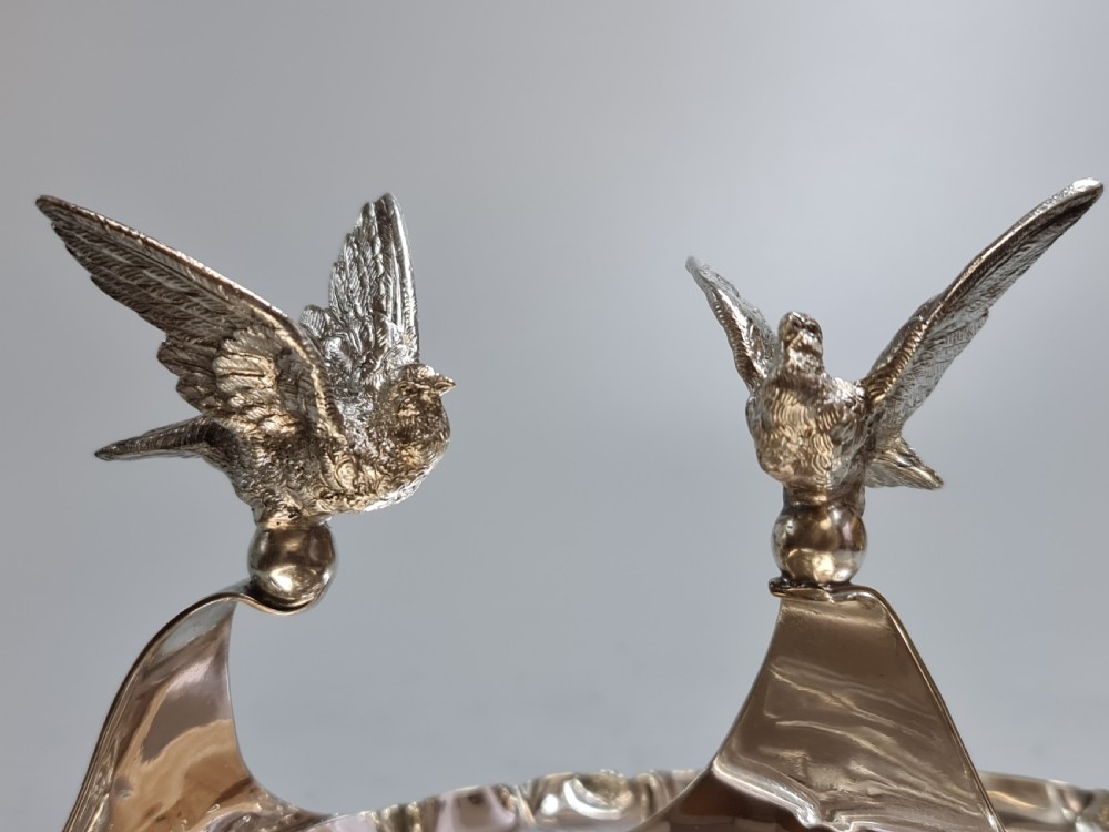 Exceptional Pr Silver Plated Art Nouveau Serving Dishes with Bird Handles c1900 View VIII