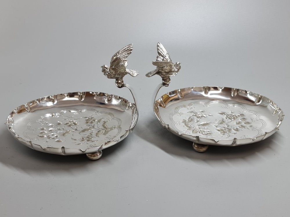 Exceptional Pr Silver Plated Art Nouveau Serving Dishes with Bird Handles c1900 View XII