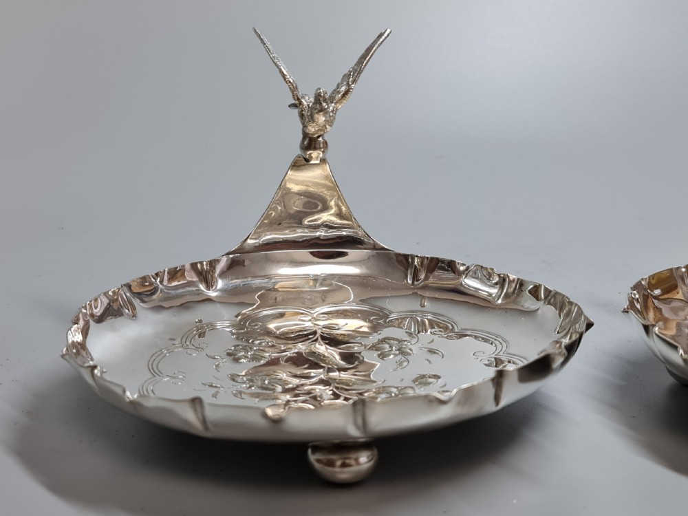 Exceptional Pr Silver Plated Art Nouveau Serving Dishes with Bird Handles c1900 View XVI