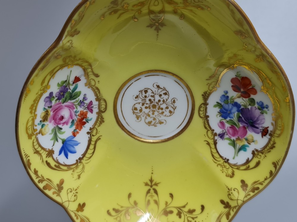 LARGE MEISSEN QUATREFOIL DEMITASSE CUP & SAUCER CANARY YELLOW GOLD & FLORAL View III