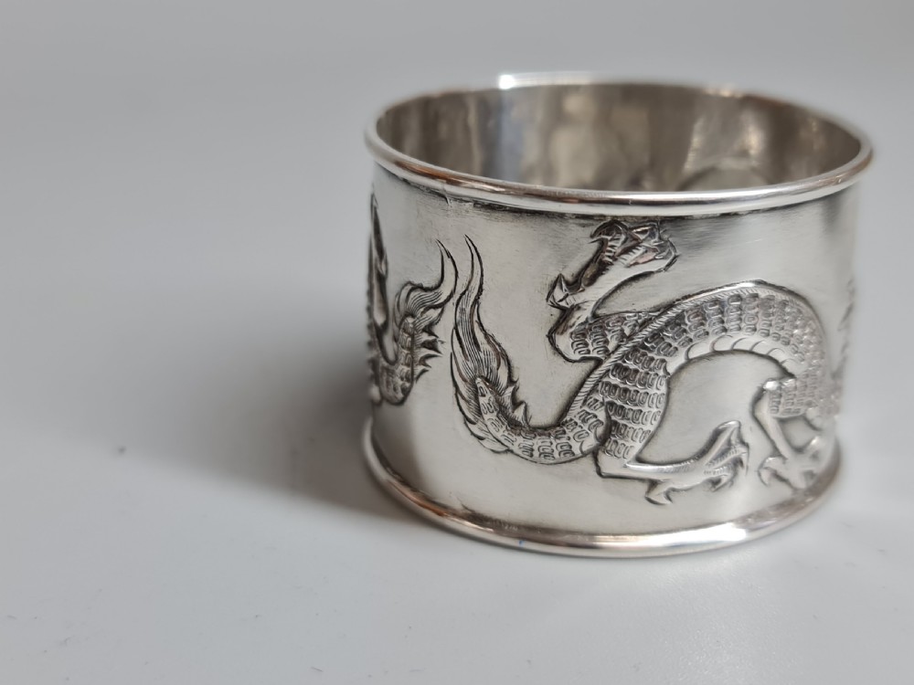 Antique Chinese export solid silver napkin ring. Signed WC 90 View VIII