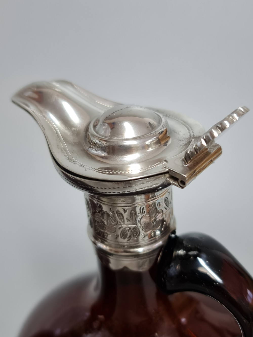 Superb Pair19th Century Matched Dark Amber Glass Decanters with Engraved Silver Plate Mounts View IV