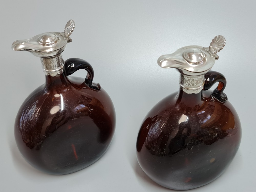 Superb Pair19th Century Matched Dark Amber Glass Decanters with Engraved Silver Plate Mounts View VI