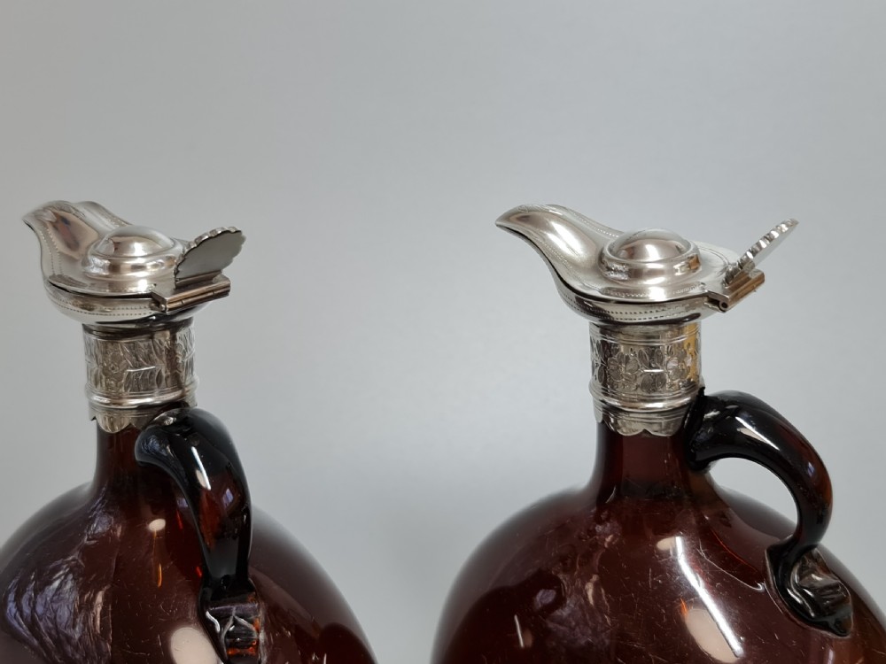 Superb Pair19th Century Matched Dark Amber Glass Decanters with Engraved Silver Plate Mounts View VII