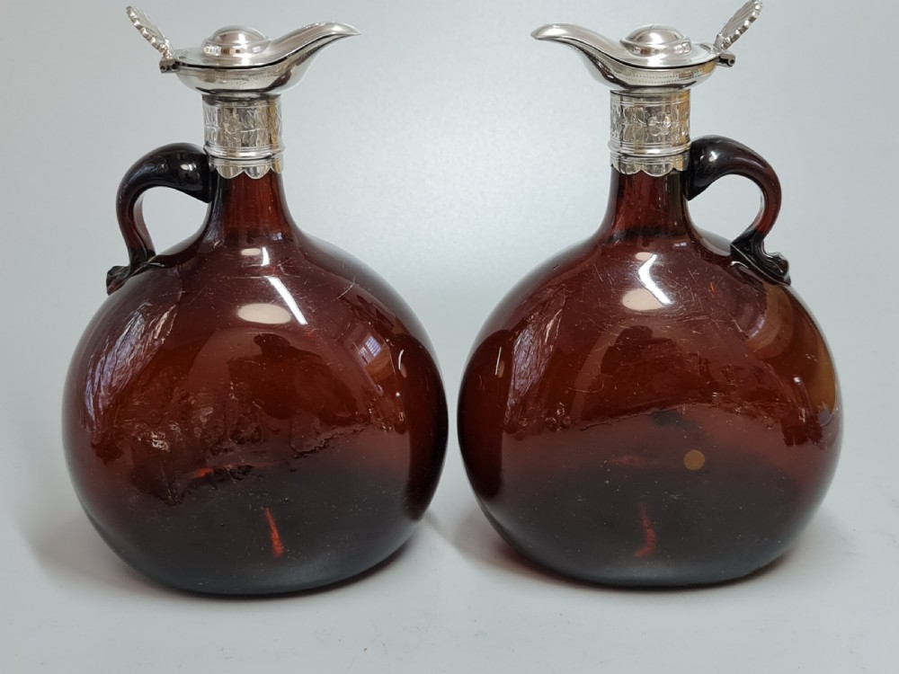 Superb Pair19th Century Matched Dark Amber Glass Decanters with Engraved Silver Plate Mounts View XI