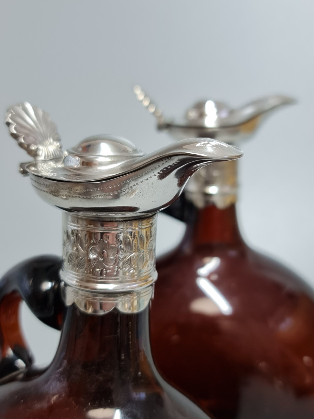 Superb Pair19th Century Matched Dark Amber Glass Decanters with Engraved Silver Plate Mounts View XII